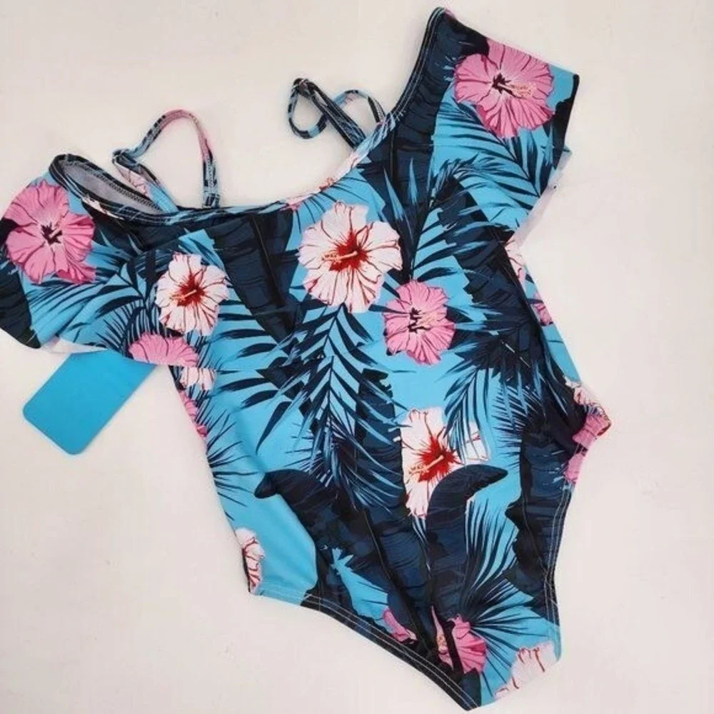 IFFEI Girls Tropical‎ Hibiscus Floral One Piece Swimsuit Blue Pink Ruffle Y6 NWT